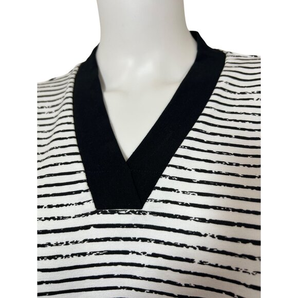 E.L.I Tunic Top XL Black White Stripes Long Sleeve V-Neck Buttons Arms Slits - Picture 9 of 15